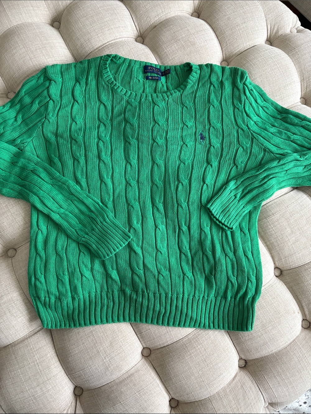 Ralph Lauren Green Cable-Knit Cotton Crewneck Sweater